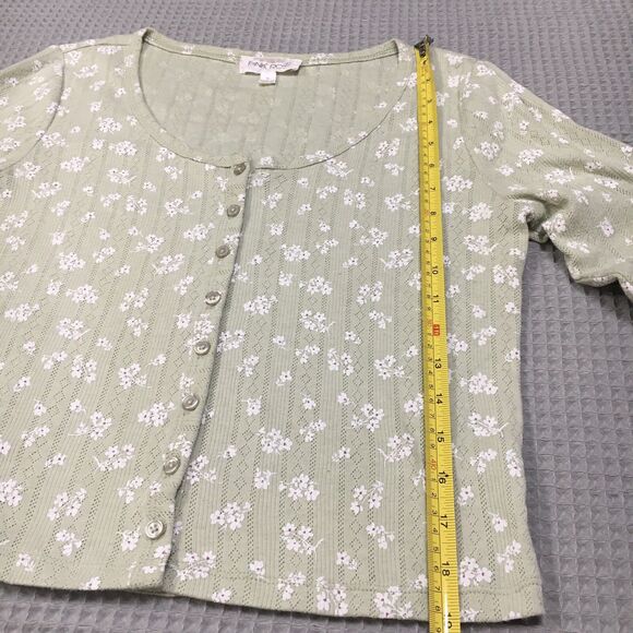 Pink Rose Shirt Large Sage Ditsy Floral Button up Crop Pointelle Y2K Boho - Picture 8 of 8